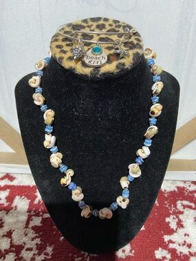 Beach Blue Bead & Cream Shell Necklace with Charm Bracelet